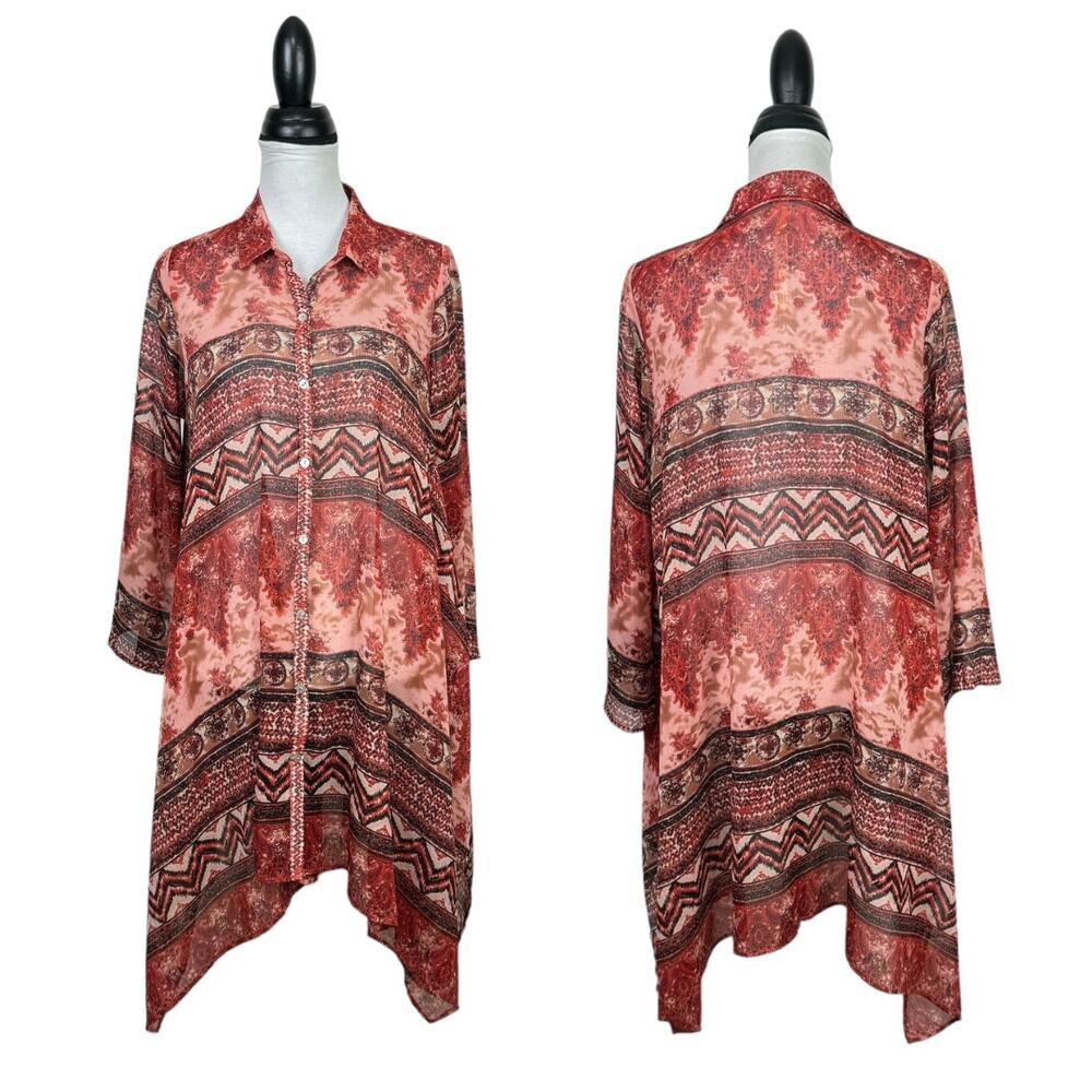 Uncle Frank Red Mixed Print Sheer Chiffon Button Down Asymmetrical Tunic Dress